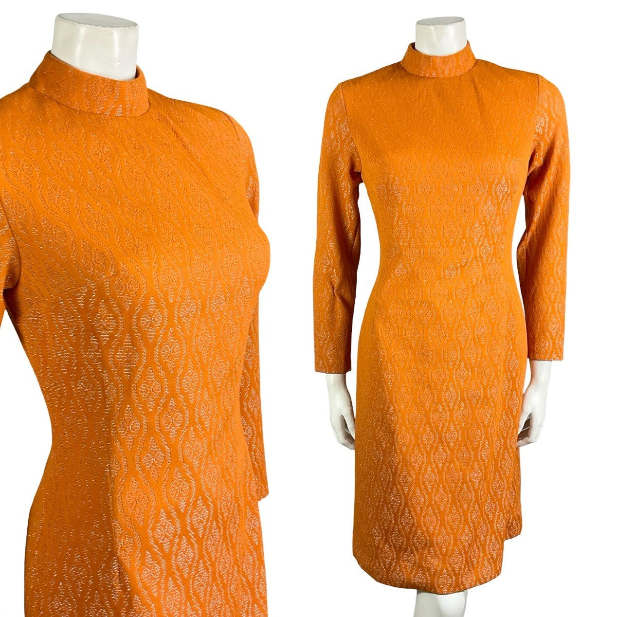 Mannequin wears a bright orange and silver geometric weave mod shift dress with long sleeves and a funnel neck.