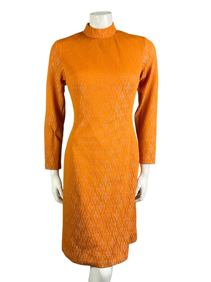 VTG 60S 70S PES ORANGE GLITTERY GEOMETRIC FUNNEL LUREX PARTY PENCIL DRESS 10