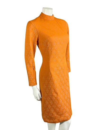 VTG 60S 70S PES ORANGE GLITTERY GEOMETRIC FUNNEL LUREX PARTY PENCIL DRESS 10