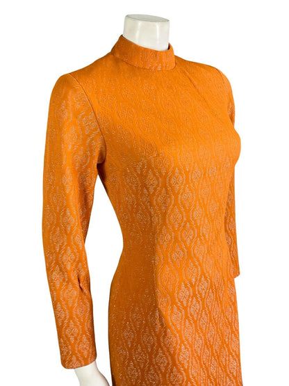 VTG 60S 70S PES ORANGE GLITTERY GEOMETRIC FUNNEL LUREX PARTY PENCIL DRESS 10