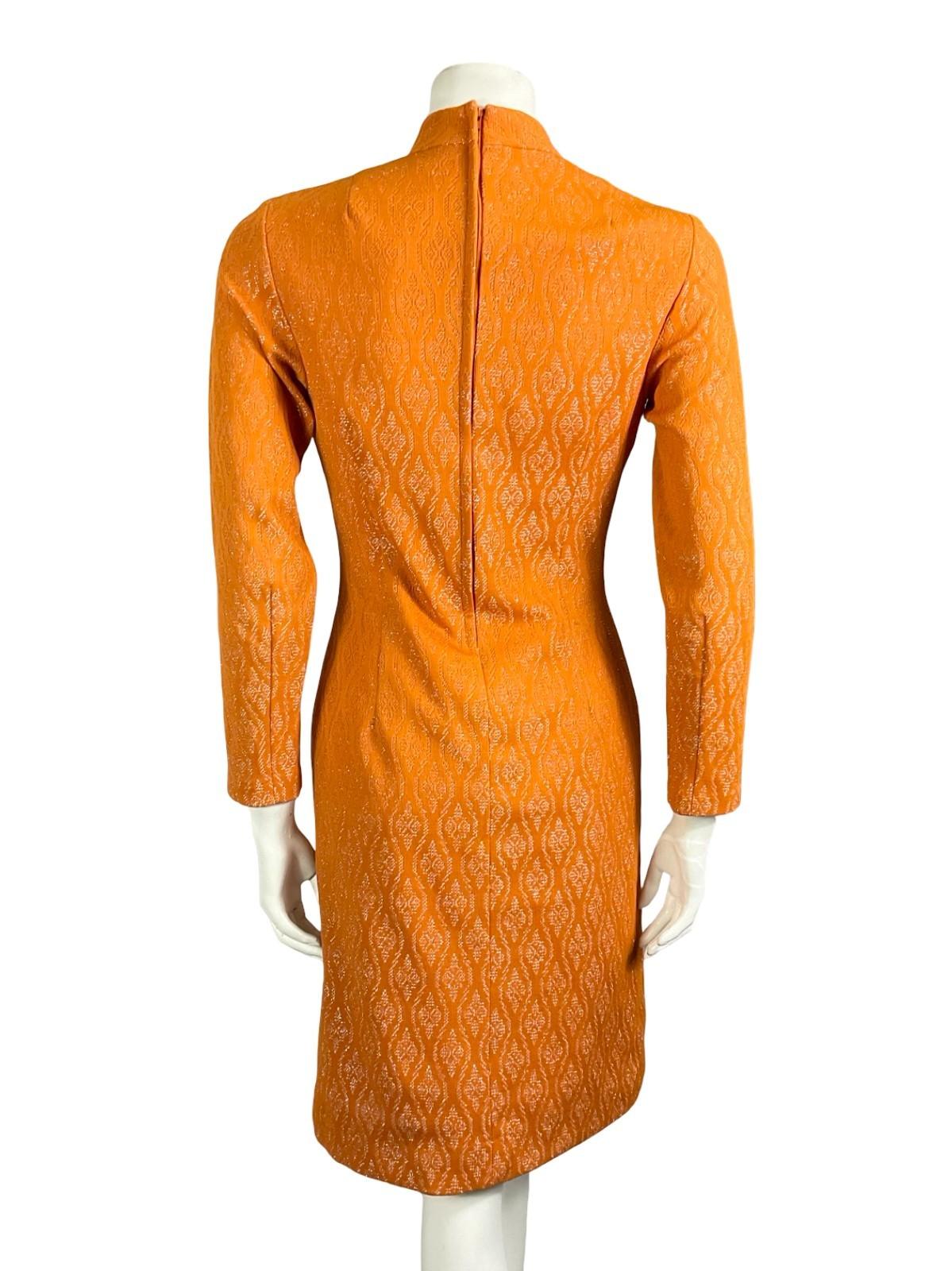 VTG 60S 70S PES ORANGE GLITTERY GEOMETRIC FUNNEL LUREX PARTY PENCIL DRESS 10