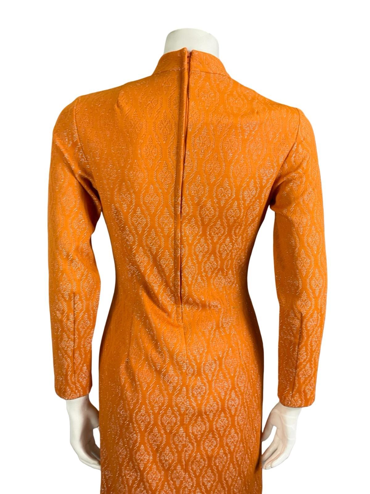 VTG 60S 70S PES ORANGE GLITTERY GEOMETRIC FUNNEL LUREX PARTY PENCIL DRESS 10