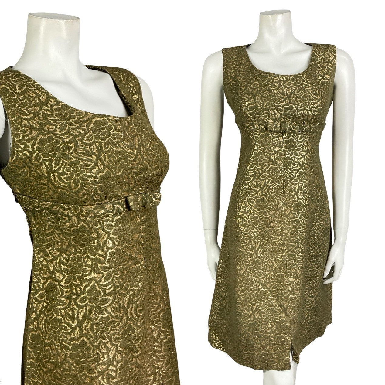 Mannequin wears a gold and khaki green floral damask sleeveless empire party dress with a bow detail at the bust. 