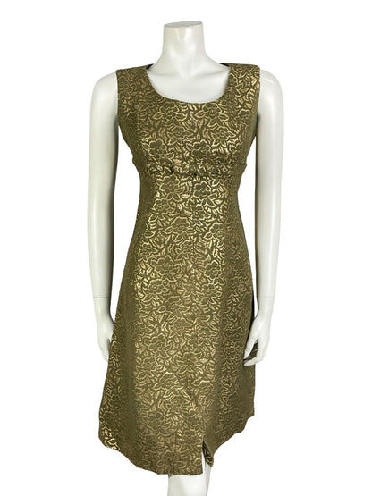 VTG 60S 70S KHAKI GREEN GOLD FLORAL DAMASK EMPIRE BOW MOD PARTY DRESS 10 12