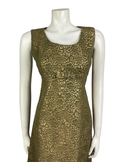 VTG 60S 70S KHAKI GREEN GOLD FLORAL DAMASK EMPIRE BOW MOD PARTY DRESS 10 12