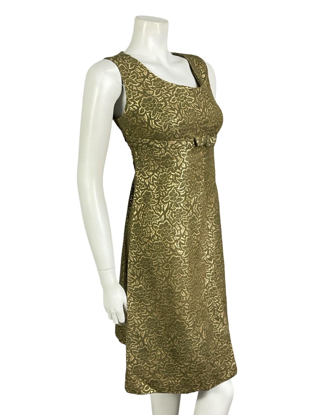 VTG 60S 70S KHAKI GREEN GOLD FLORAL DAMASK EMPIRE BOW MOD PARTY DRESS 10 12