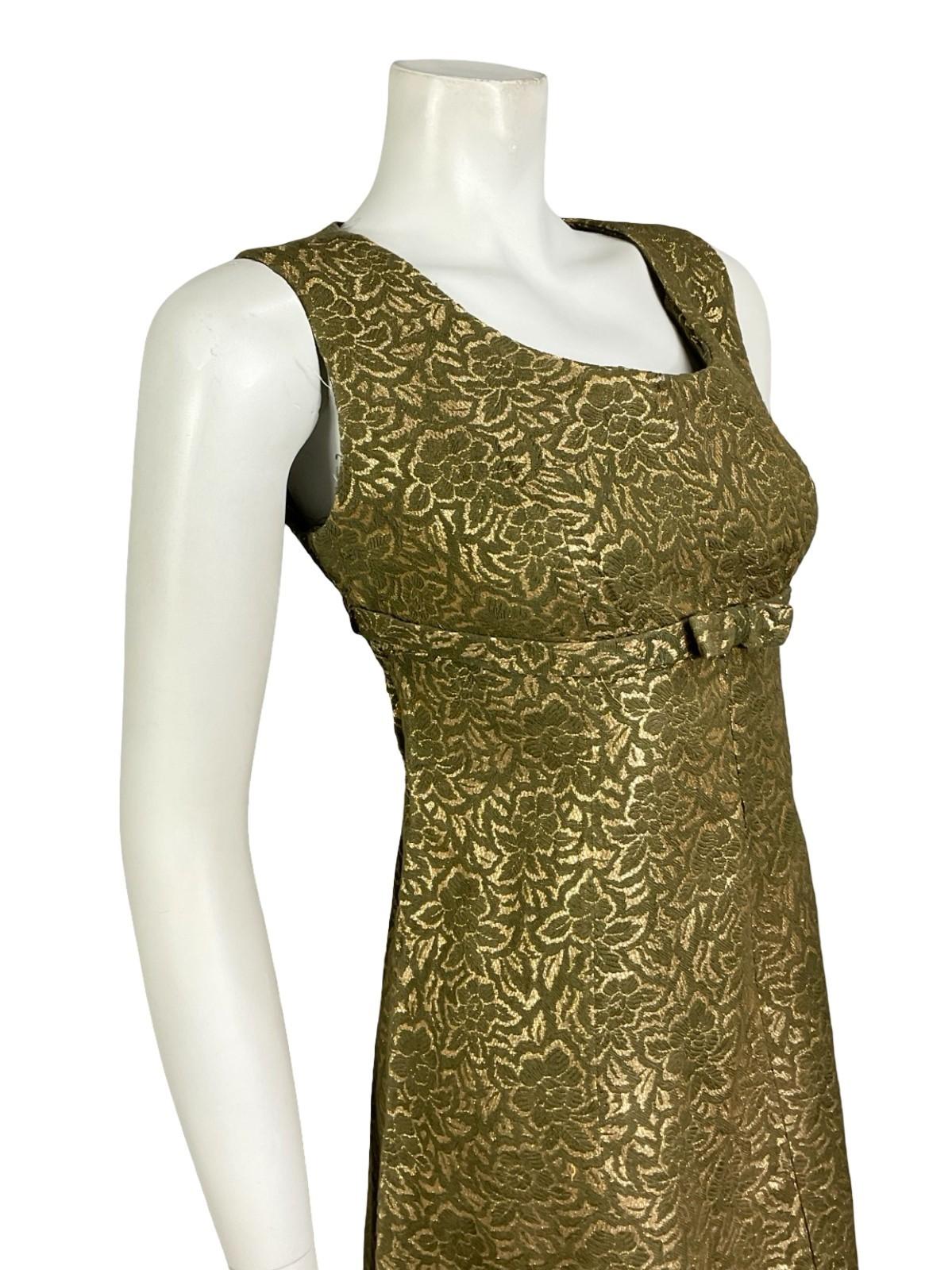 VTG 60S 70S KHAKI GREEN GOLD FLORAL DAMASK EMPIRE BOW MOD PARTY DRESS 10 12
