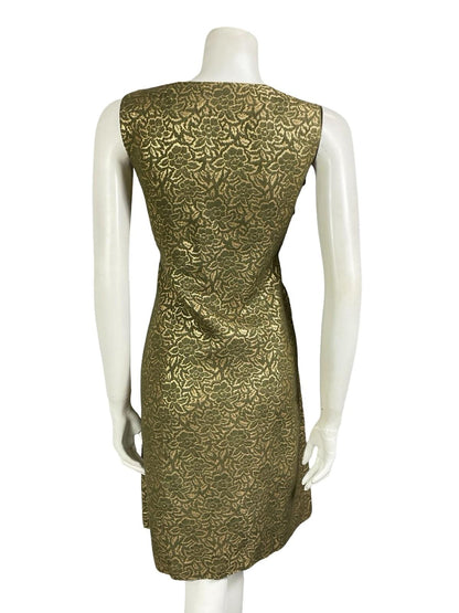 VTG 60S 70S KHAKI GREEN GOLD FLORAL DAMASK EMPIRE BOW MOD PARTY DRESS 10 12