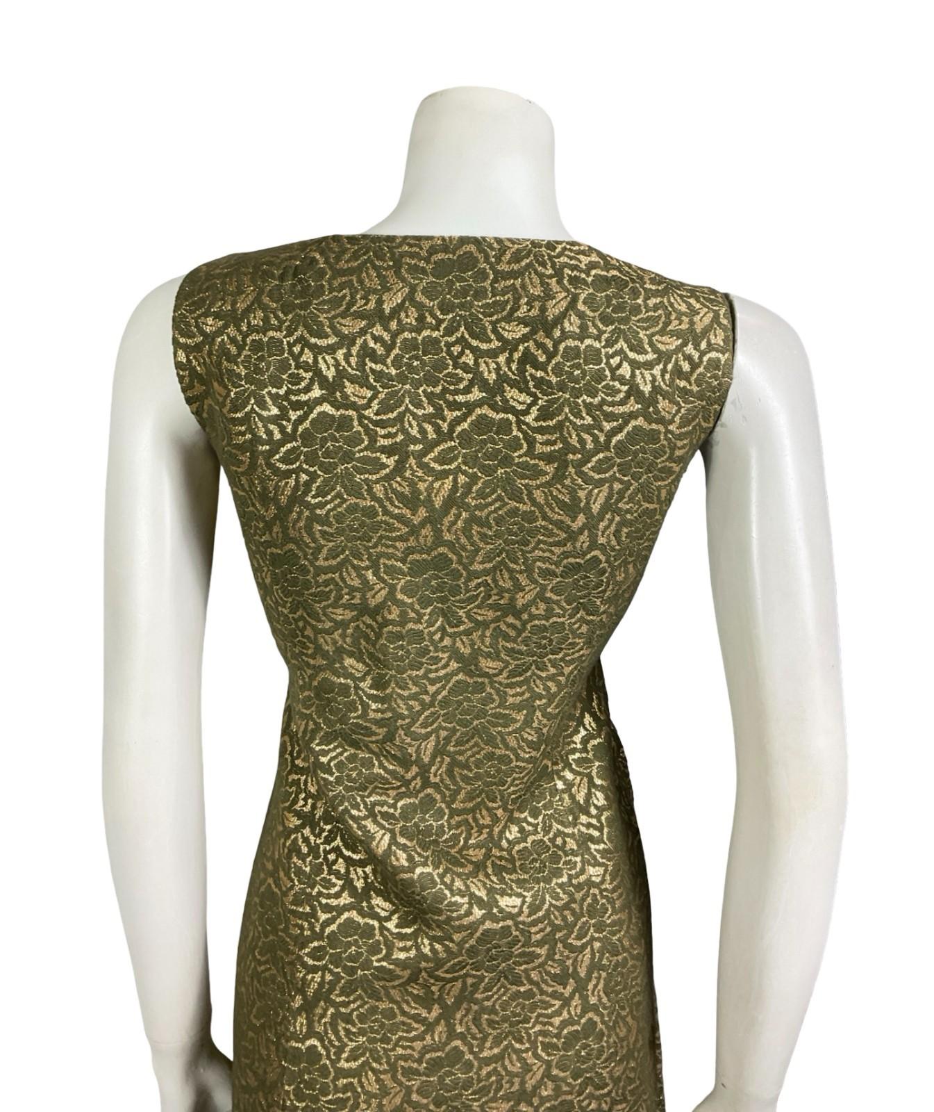VTG 60S 70S KHAKI GREEN GOLD FLORAL DAMASK EMPIRE BOW MOD PARTY DRESS 10 12