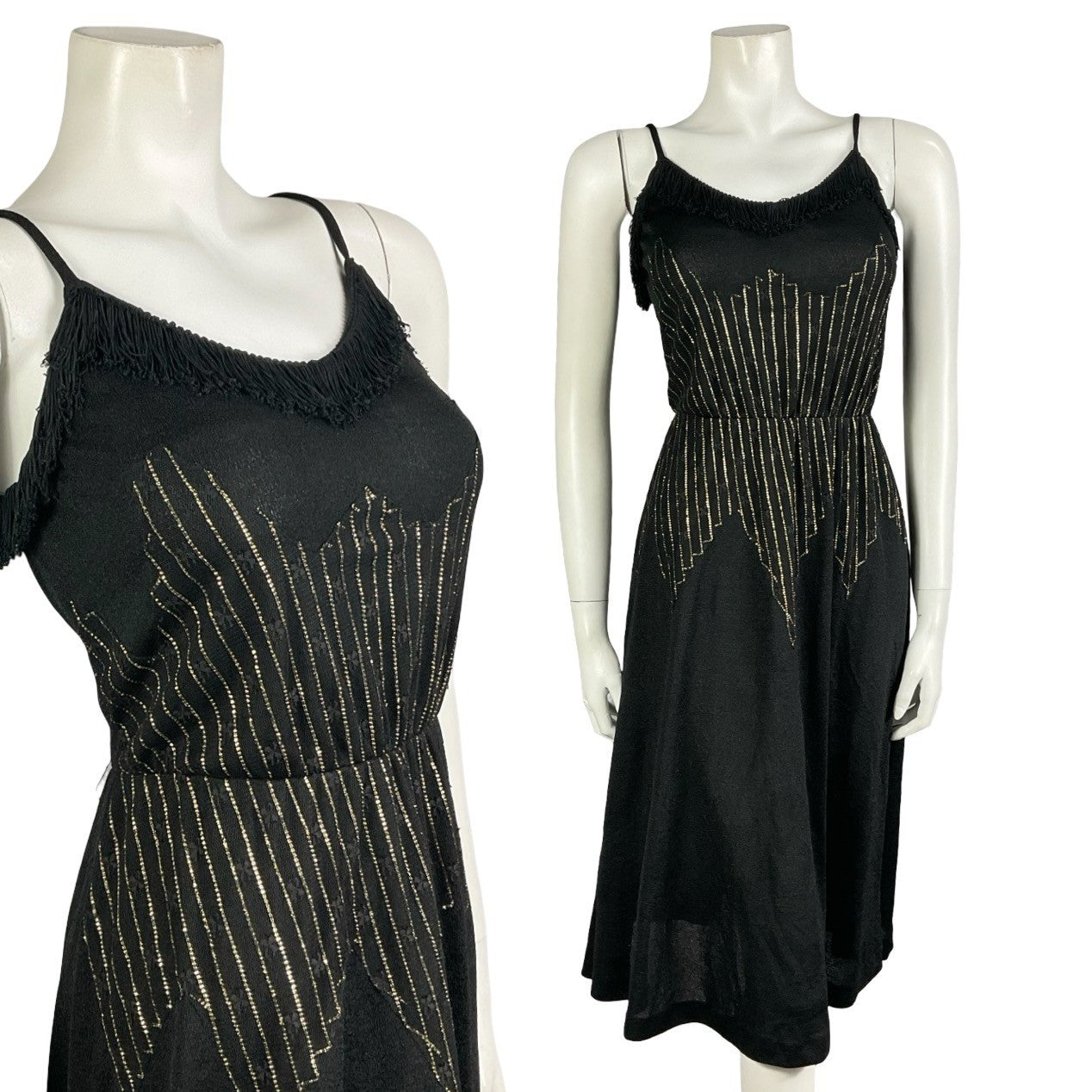 Mannequin wears a black strappy midi dress with a gold lurex striped bodice and fringe trim at the backline. 