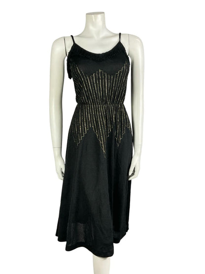 VTG 60S 70S BLACK GOLD STRIPED LUREX LACE FRINGE SWEETHEART STRAPPY DRESS 6 XS