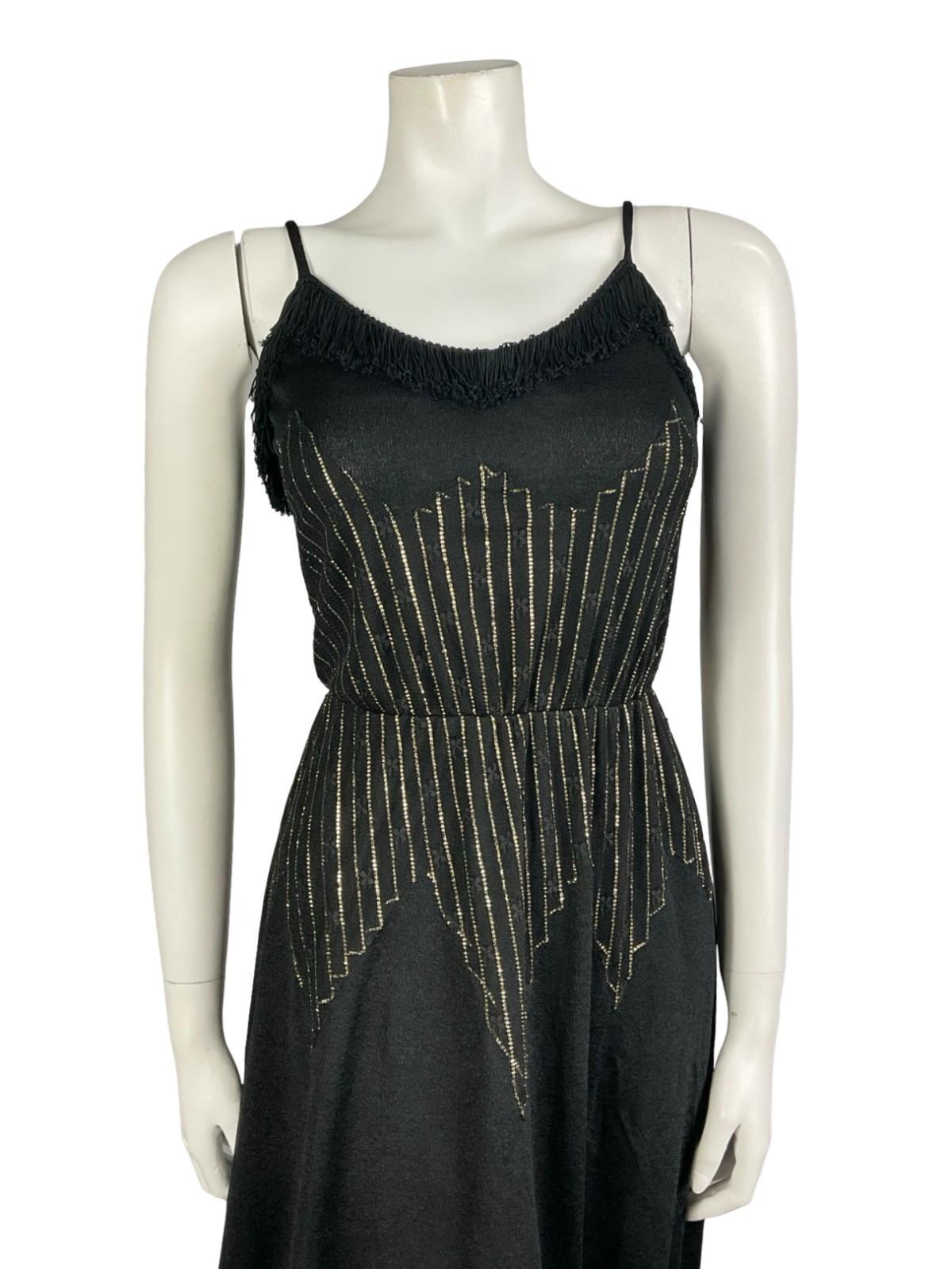 VTG 60S 70S BLACK GOLD STRIPED LUREX LACE FRINGE SWEETHEART STRAPPY DRESS 6 XS