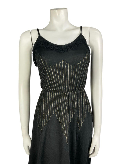 VTG 60S 70S BLACK GOLD STRIPED LUREX LACE FRINGE SWEETHEART STRAPPY DRESS 6 XS