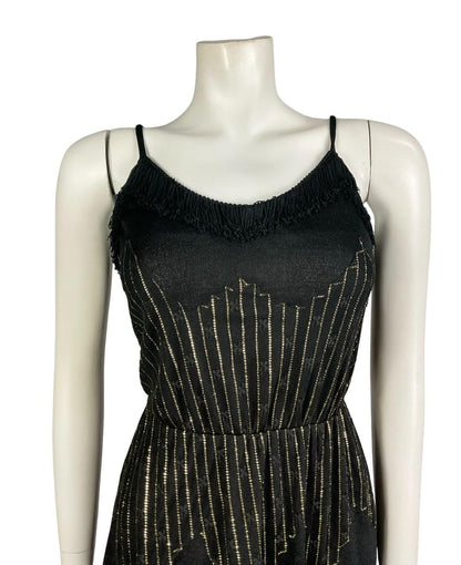 VTG 60S 70S BLACK GOLD STRIPED LUREX LACE FRINGE SWEETHEART STRAPPY DRESS 6 XS