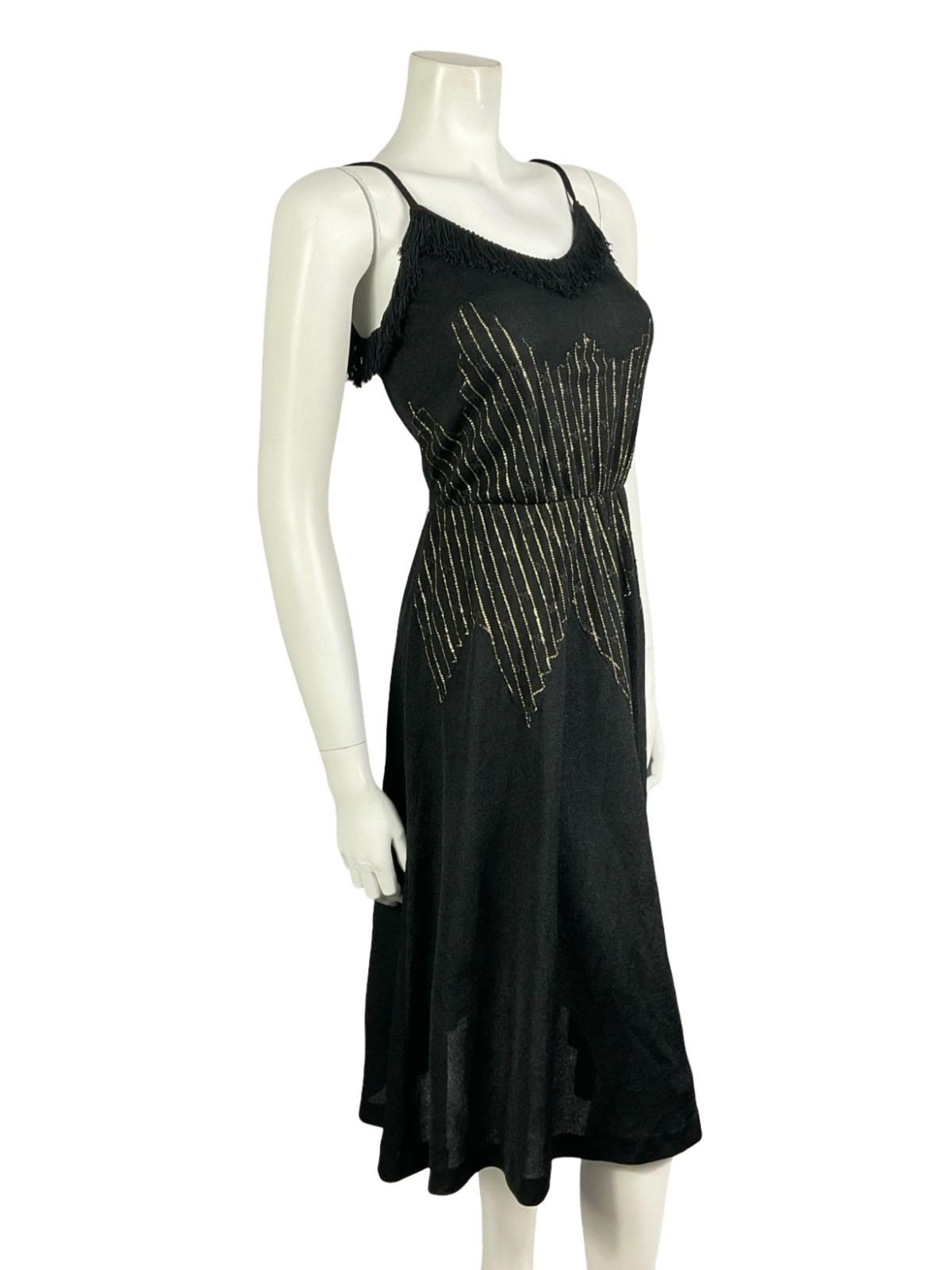VTG 60S 70S BLACK GOLD STRIPED LUREX LACE FRINGE SWEETHEART STRAPPY DRESS 6 XS