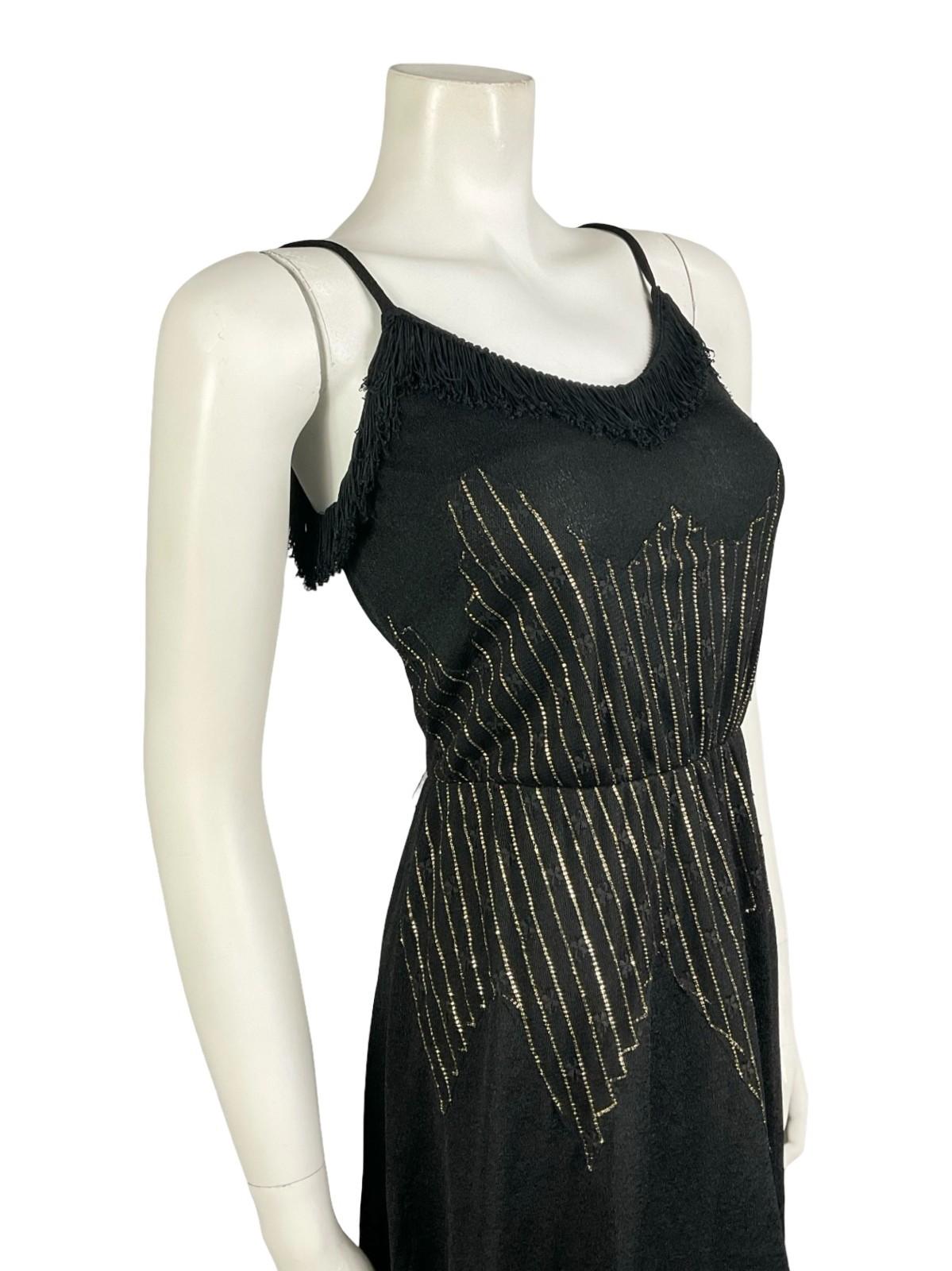 VTG 60S 70S BLACK GOLD STRIPED LUREX LACE FRINGE SWEETHEART STRAPPY DRESS 6 XS