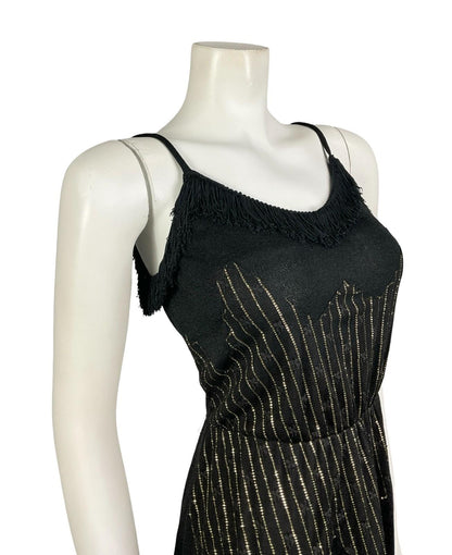 VTG 60S 70S BLACK GOLD STRIPED LUREX LACE FRINGE SWEETHEART STRAPPY DRESS 6 XS