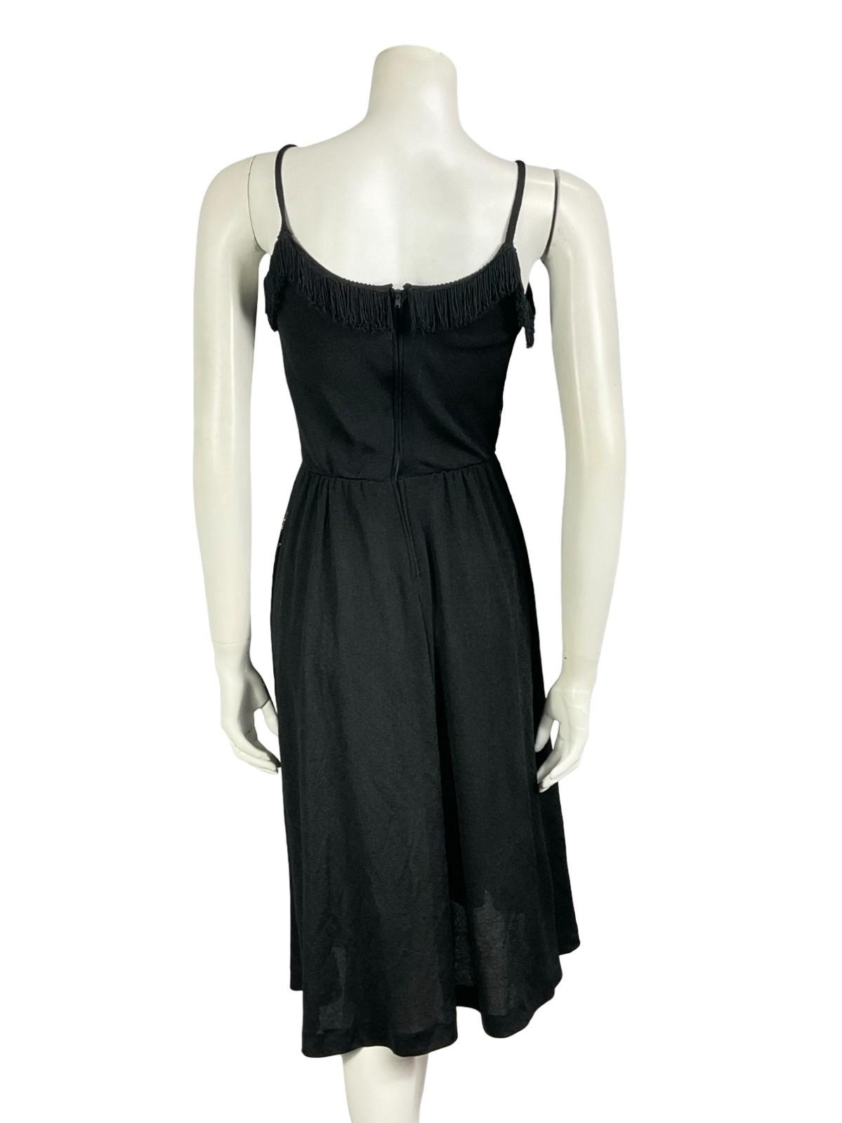 VTG 60S 70S BLACK GOLD STRIPED LUREX LACE FRINGE SWEETHEART STRAPPY DRESS 6 XS