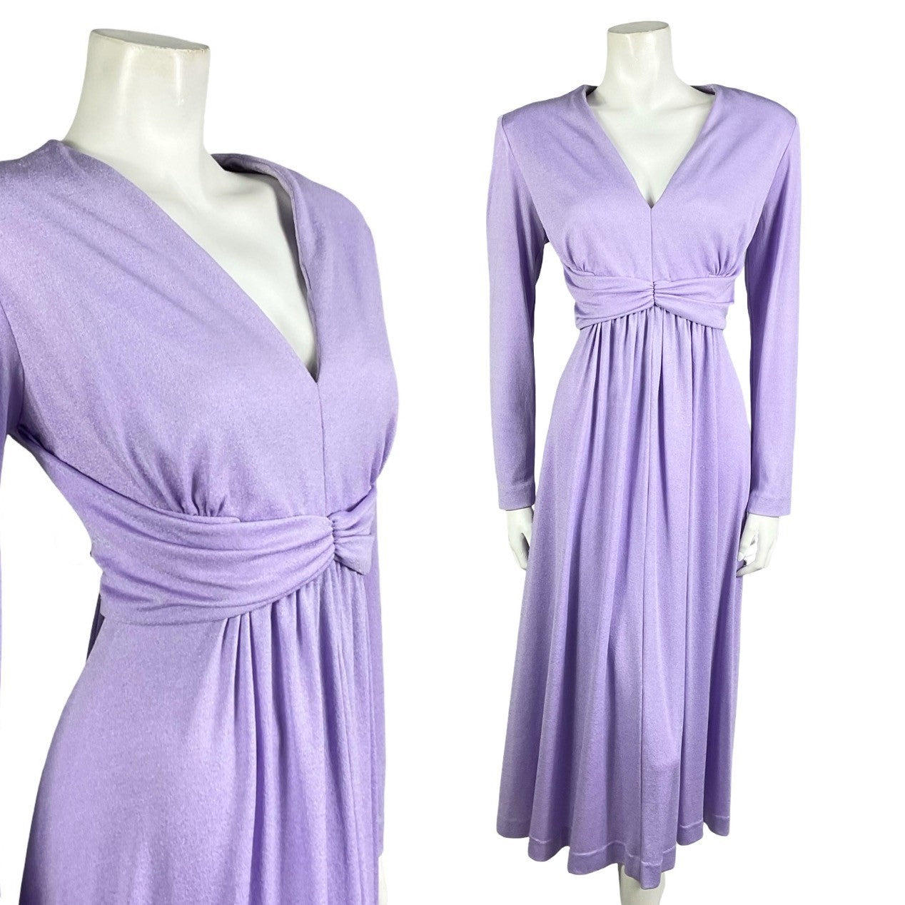 Mannequin wears a lilac purple long sleeve midi lurex dress with a draped empire waistline and plunging neckline. 