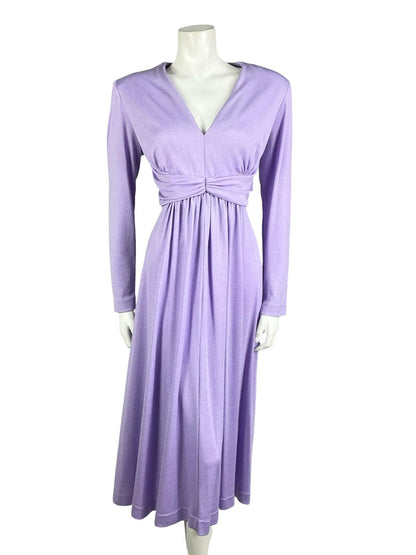 VTG 60S 70S LILAC PURPLE SHIMMERY PLUNGING V NECK DRAPED EMPIRE PARTY DRESS 10