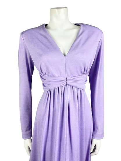 VTG 60S 70S LILAC PURPLE SHIMMERY PLUNGING V NECK DRAPED EMPIRE PARTY DRESS 10