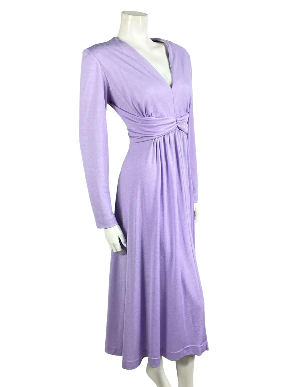 VTG 60S 70S LILAC PURPLE SHIMMERY PLUNGING V NECK DRAPED EMPIRE PARTY DRESS 10
