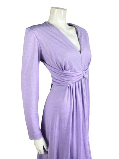VTG 60S 70S LILAC PURPLE SHIMMERY PLUNGING V NECK DRAPED EMPIRE PARTY DRESS 10