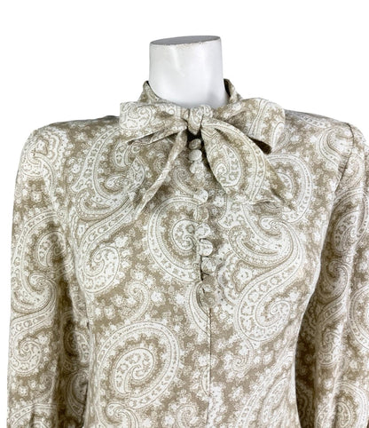 VTG 60S 70S BEIGE WHITE PSYCHEDELIC SWIRL LUREX GLITTERY PUSSYBOW SHIFT DRESS 12