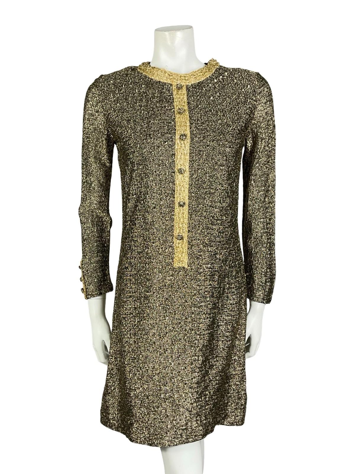 VTG 60S 70S BLACK GOLD LUREX GLITTERY DISCO STUDIO 54 PARTY MOD SHIFT DRESS 8