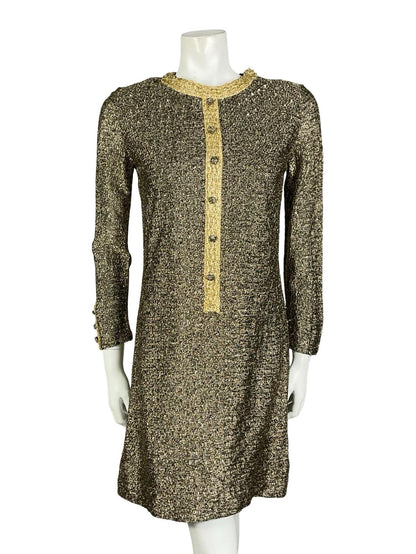 VTG 60S 70S BLACK GOLD LUREX GLITTERY DISCO STUDIO 54 PARTY MOD SHIFT DRESS 8