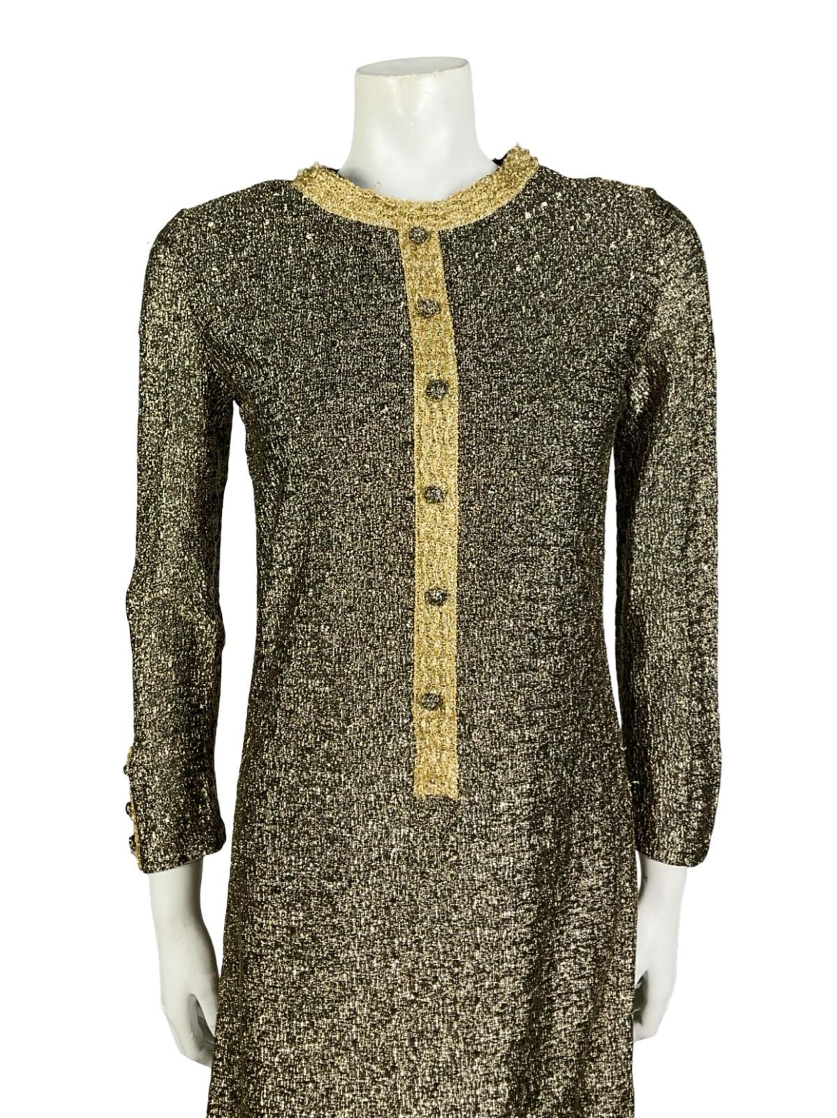VTG 60S 70S BLACK GOLD LUREX GLITTERY DISCO STUDIO 54 PARTY MOD SHIFT DRESS 8