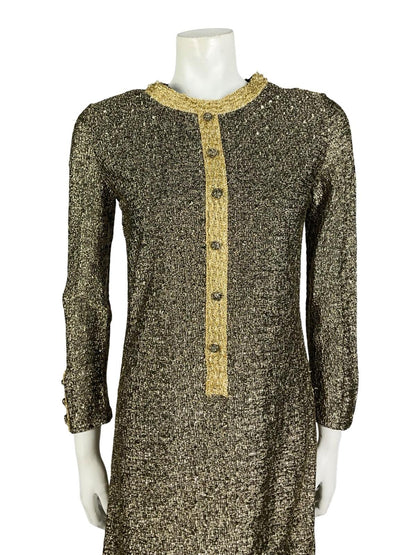 VTG 60S 70S BLACK GOLD LUREX GLITTERY DISCO STUDIO 54 PARTY MOD SHIFT DRESS 8
