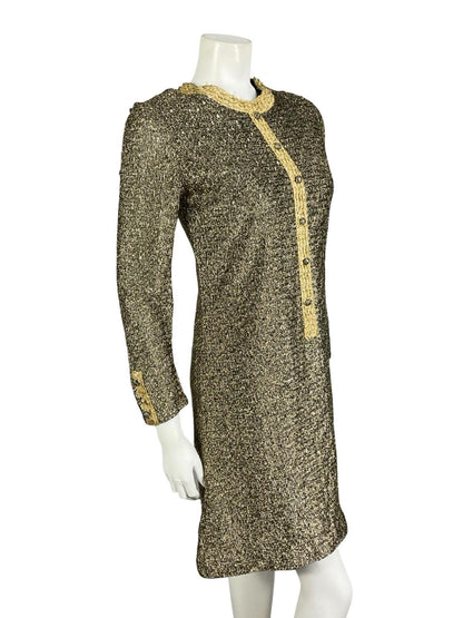 VTG 60S 70S BLACK GOLD LUREX GLITTERY DISCO STUDIO 54 PARTY MOD SHIFT DRESS 8