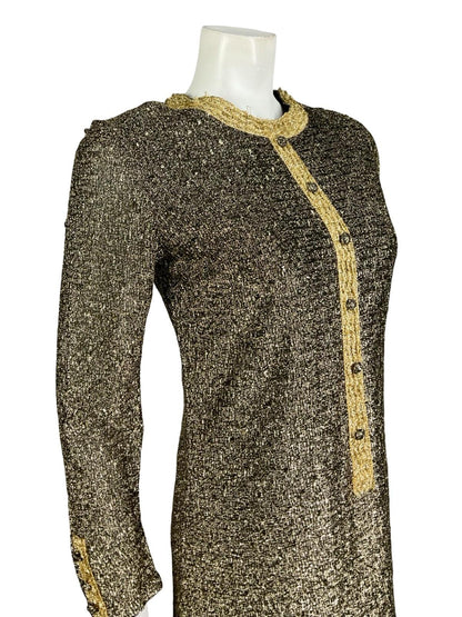 VTG 60S 70S BLACK GOLD LUREX GLITTERY DISCO STUDIO 54 PARTY MOD SHIFT DRESS 8