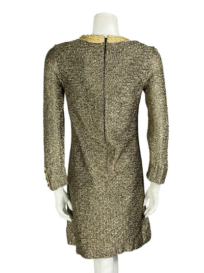 VTG 60S 70S BLACK GOLD LUREX GLITTERY DISCO STUDIO 54 PARTY MOD SHIFT DRESS 8