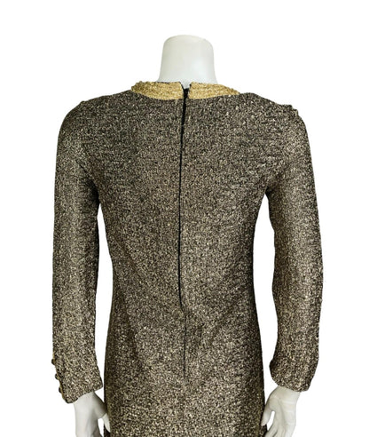 VTG 60S 70S BLACK GOLD LUREX GLITTERY DISCO STUDIO 54 PARTY MOD SHIFT DRESS 8