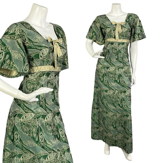 VTG 60S 70S GREEN GOLD LUREX GEOMETRIC SQUARE NECK BOW EMPIRE MAXI DRESS 14