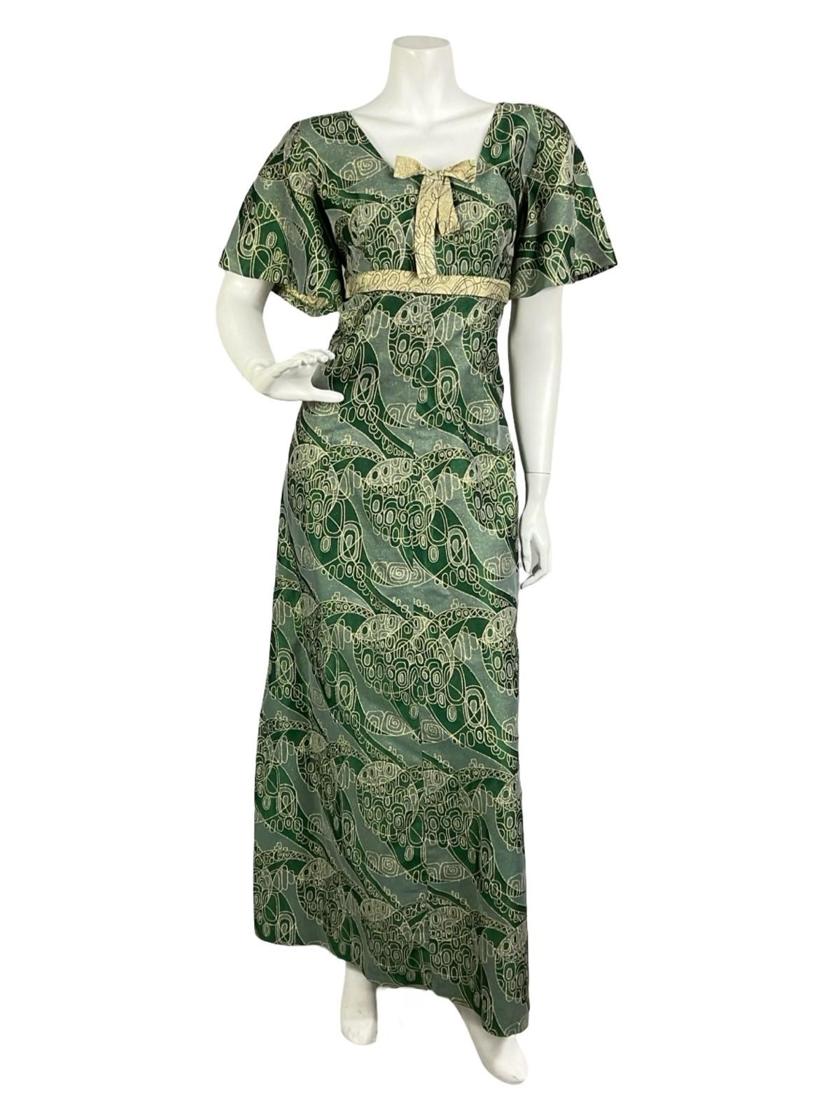 VTG 60S 70S GREEN GOLD LUREX GEOMETRIC SQUARE NECK BOW EMPIRE MAXI DRESS 14
