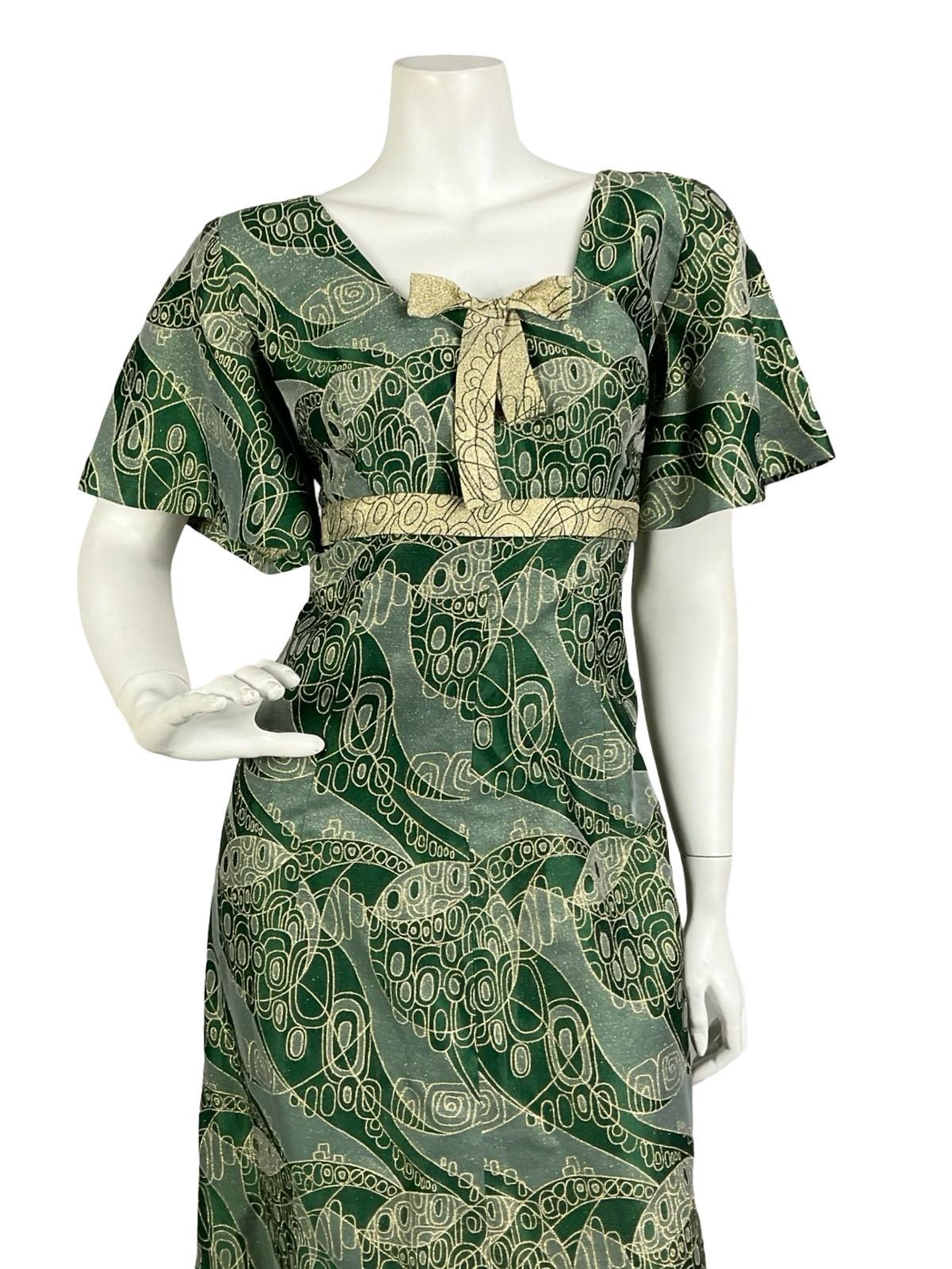 VTG 60S 70S GREEN GOLD LUREX GEOMETRIC SQUARE NECK BOW EMPIRE MAXI DRESS 14