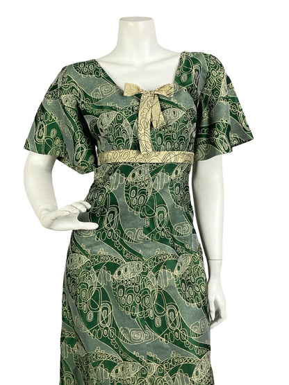 VTG 60S 70S GREEN GOLD LUREX GEOMETRIC SQUARE NECK BOW EMPIRE MAXI DRESS 14