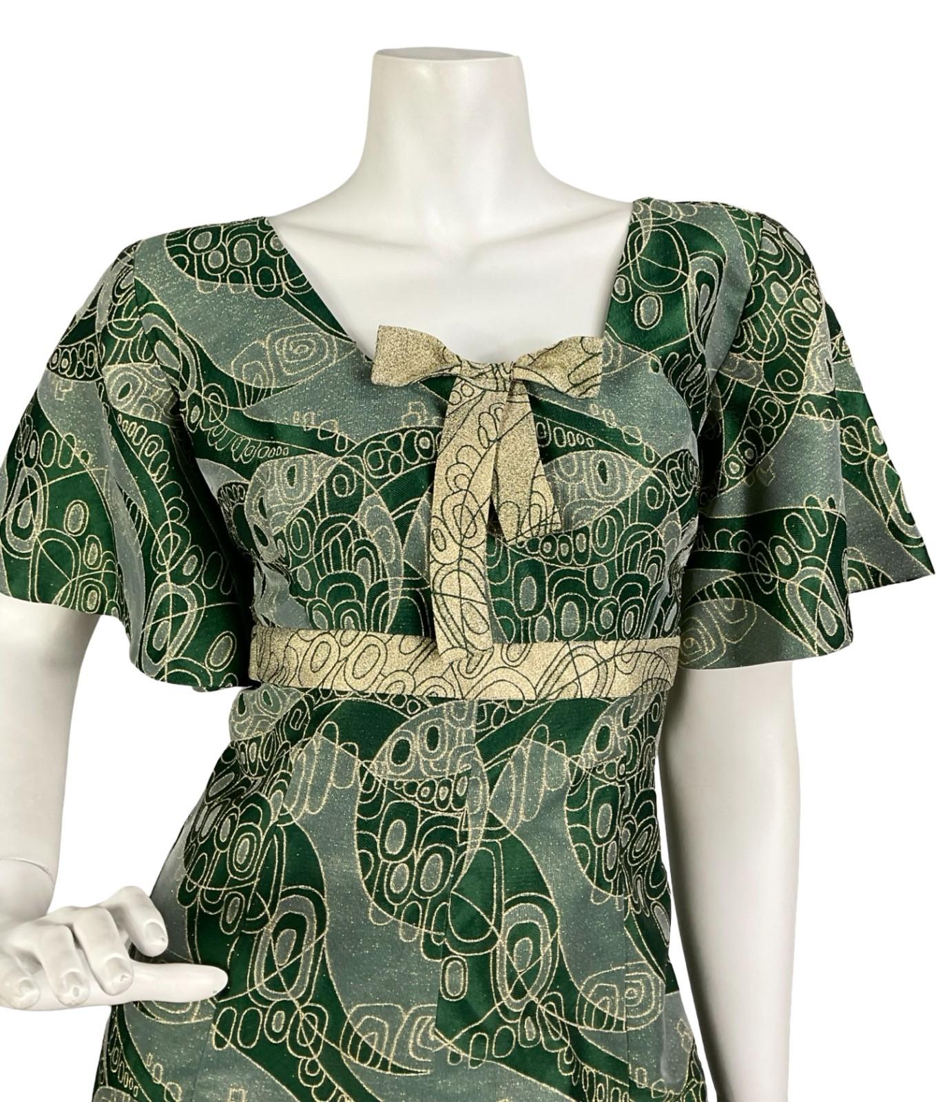 VTG 60S 70S GREEN GOLD LUREX GEOMETRIC SQUARE NECK BOW EMPIRE MAXI DRESS 14