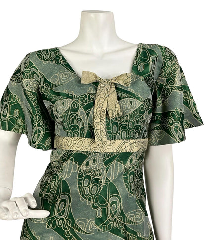 VTG 60S 70S GREEN GOLD LUREX GEOMETRIC SQUARE NECK BOW EMPIRE MAXI DRESS 14