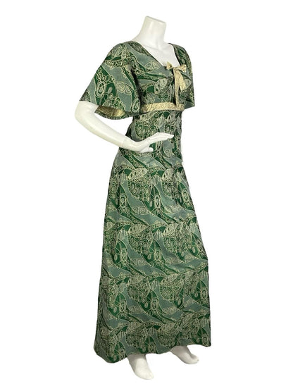VTG 60S 70S GREEN GOLD LUREX GEOMETRIC SQUARE NECK BOW EMPIRE MAXI DRESS 14