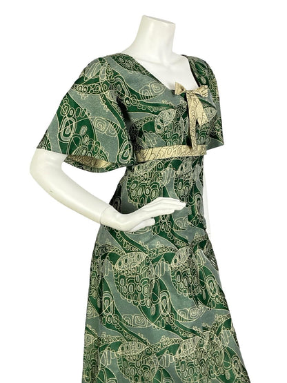 VTG 60S 70S GREEN GOLD LUREX GEOMETRIC SQUARE NECK BOW EMPIRE MAXI DRESS 14