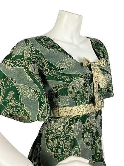 VTG 60S 70S GREEN GOLD LUREX GEOMETRIC SQUARE NECK BOW EMPIRE MAXI DRESS 14