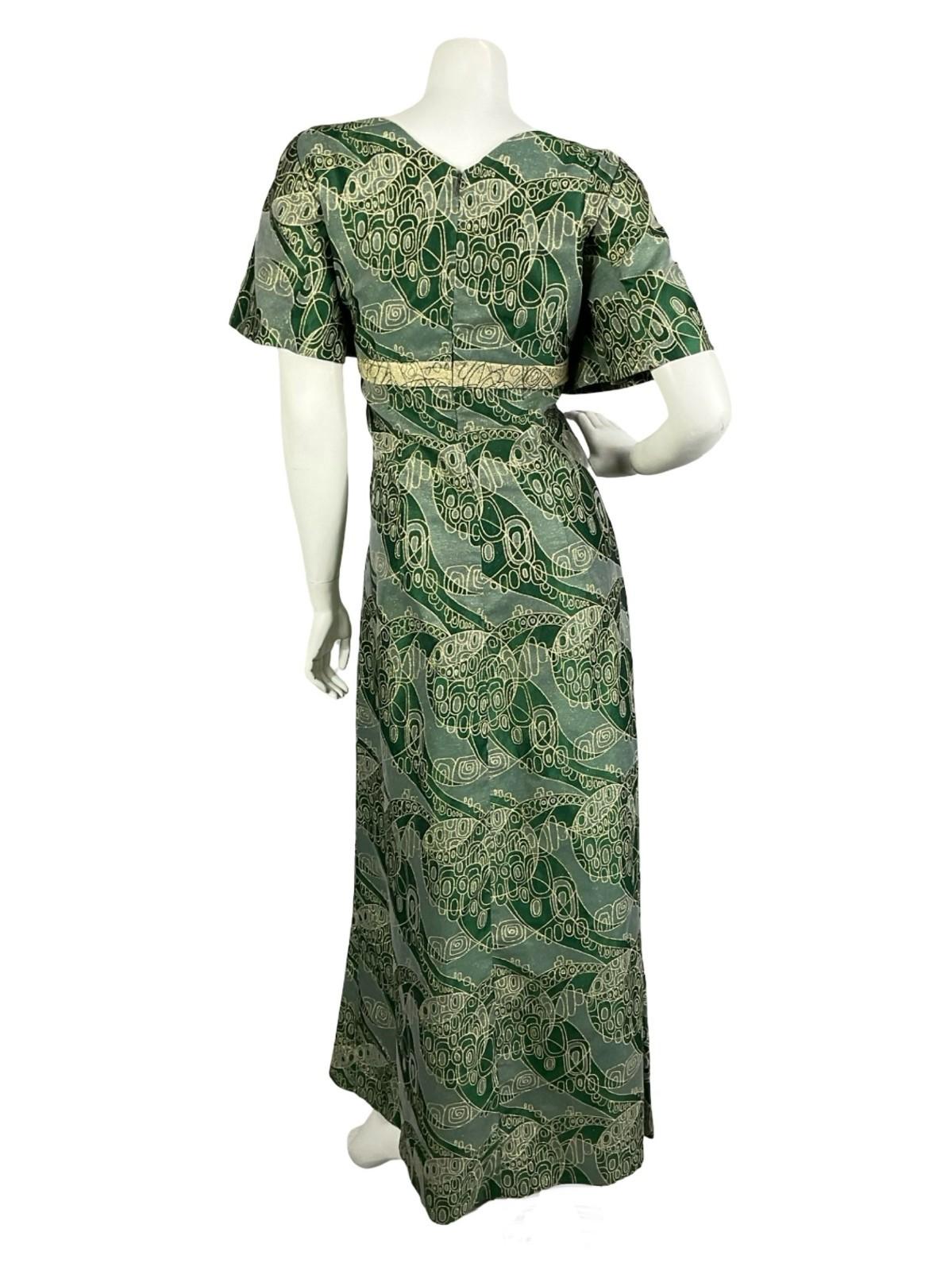 VTG 60S 70S GREEN GOLD LUREX GEOMETRIC SQUARE NECK BOW EMPIRE MAXI DRESS 14