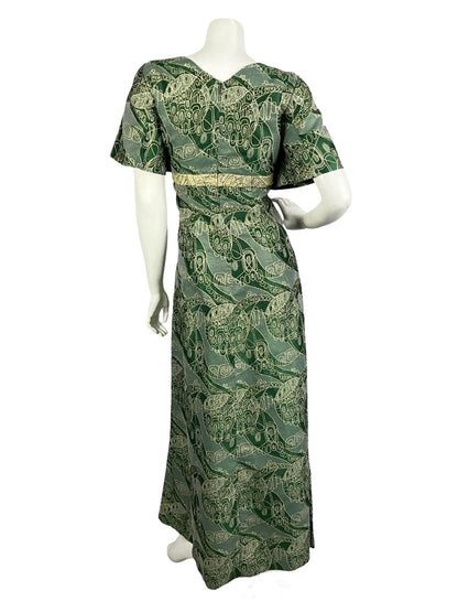 VTG 60S 70S GREEN GOLD LUREX GEOMETRIC SQUARE NECK BOW EMPIRE MAXI DRESS 14