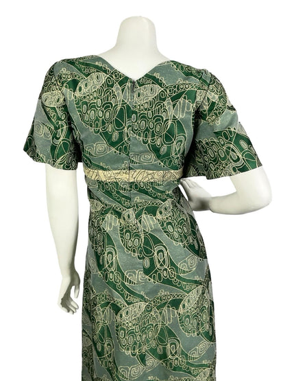 VTG 60S 70S GREEN GOLD LUREX GEOMETRIC SQUARE NECK BOW EMPIRE MAXI DRESS 14