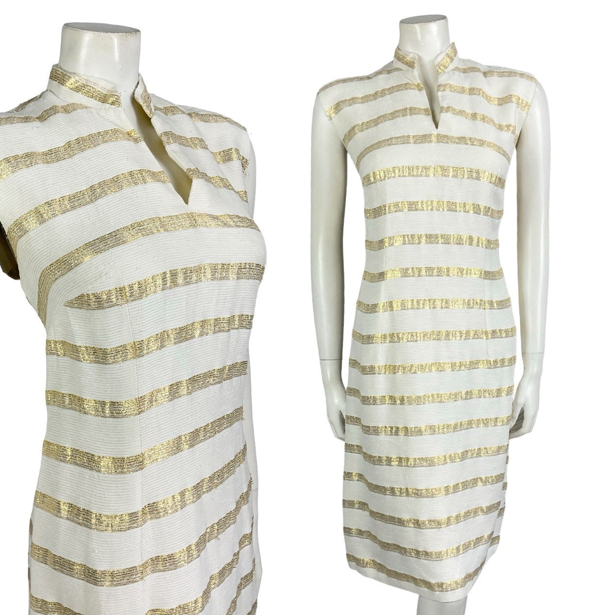 Mannequin wears a vintage 60s 70s white and gold striped mandarin collar sleeveless mod tunic shift dress. 