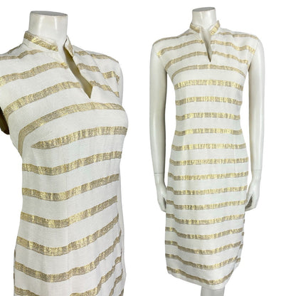 Mannequin wears a vintage 60s 70s white and gold striped mandarin collar sleeveless mod tunic shift dress. 